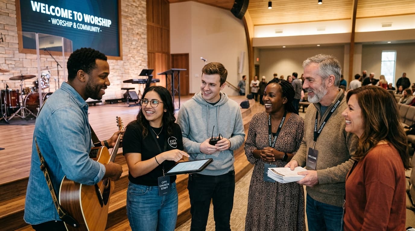 Joyful church volunteers and ministry staff collaborating before Sunday service